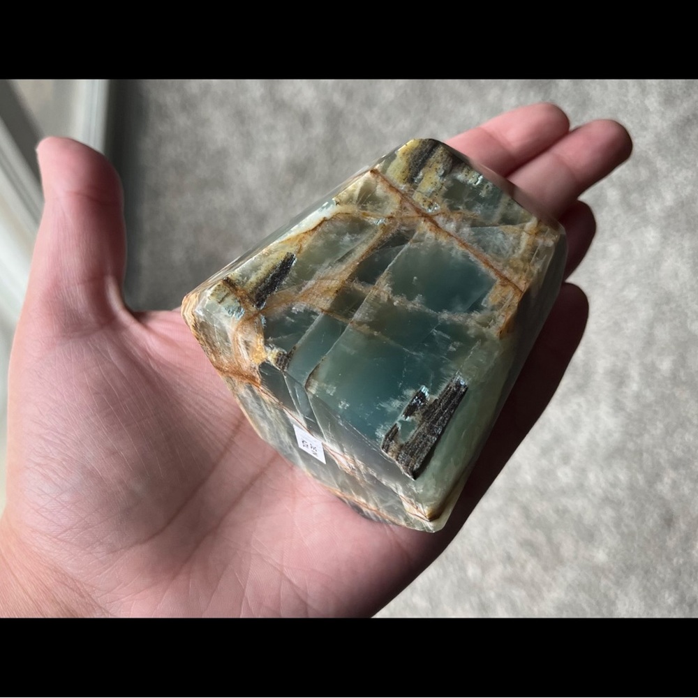 Lemurian Aquatine Calcite/Brazilian Blue Onyx Point (Polished) - Picture 13 of 17